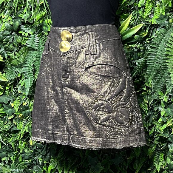 Vintage‎ ROSA & ROSE Skirt Women Medium Gold Bronze Studded Chain Stitch 2523 - Picture 1 of 10